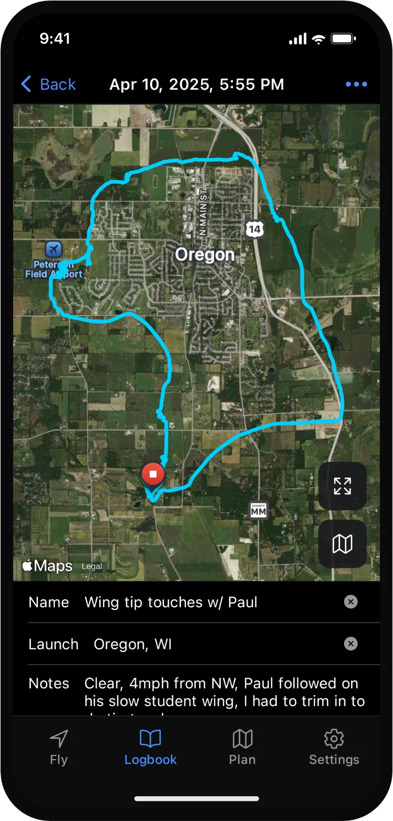 A recorded flight in detail: the full track on satellite with duration, distance and altitude stats.