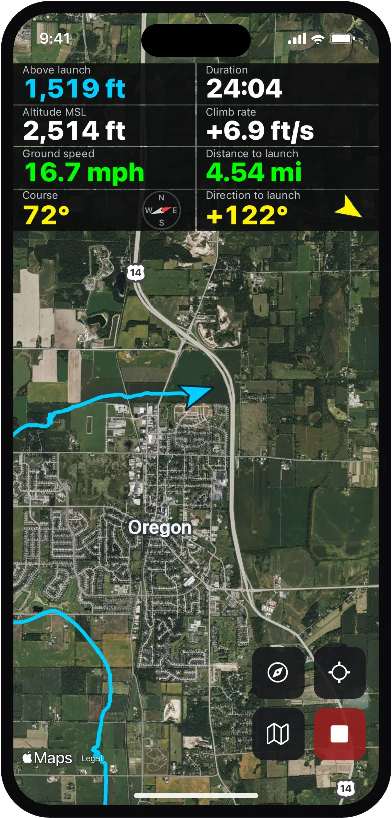 Wingover recording a flight: live groundspeed, altitude and climb over an Apple Maps satellite track.