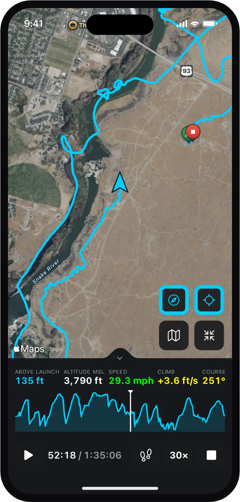 A flight replaying on the satellite map: the aircraft mid-track above a scrubbable altitude timeline with live readouts.