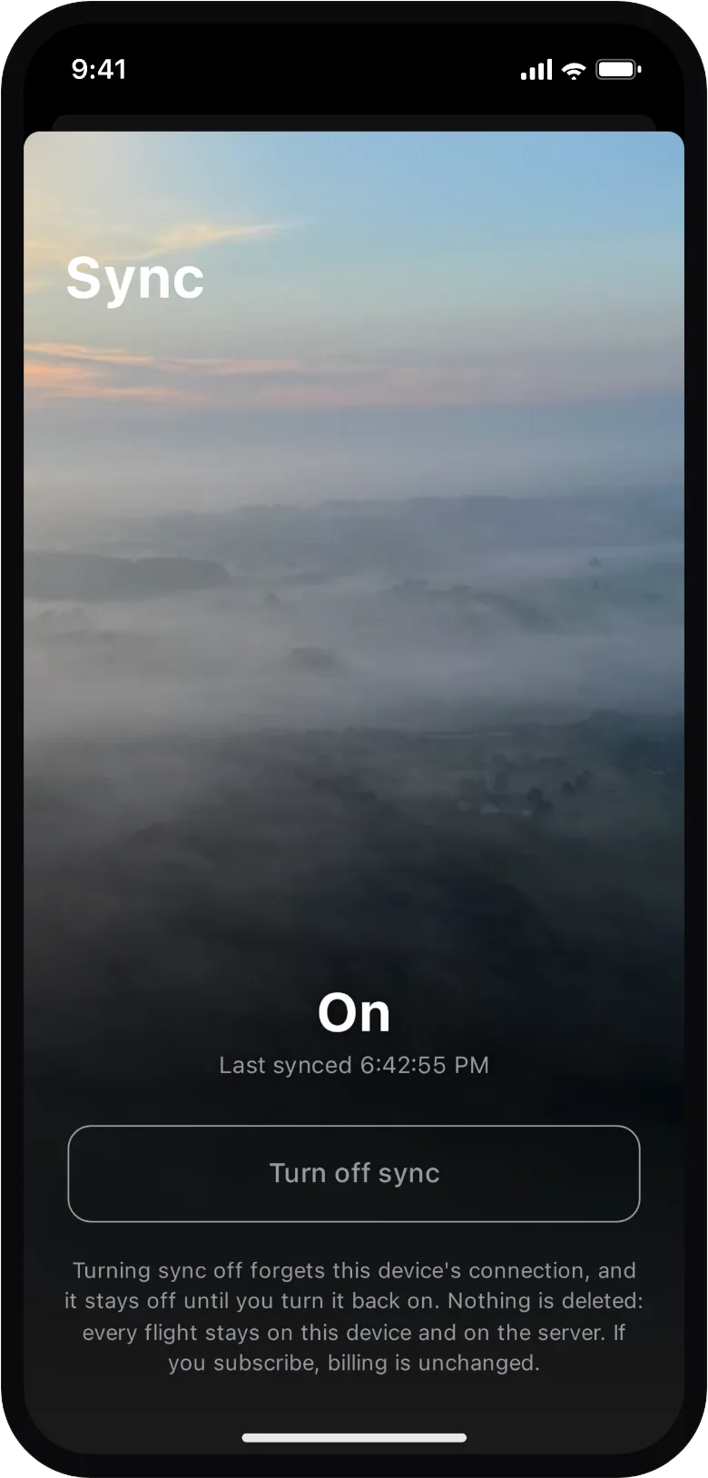 The Wingover sync sheet on iPhone, showing sync turned on.